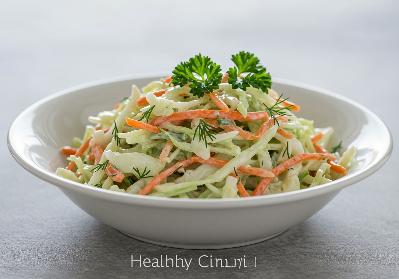 A final image showing a beautifully plated serving of Healthy Cindy's Coleslaw, perhaps garnished with fresh herbs, ready to be enjoyed.