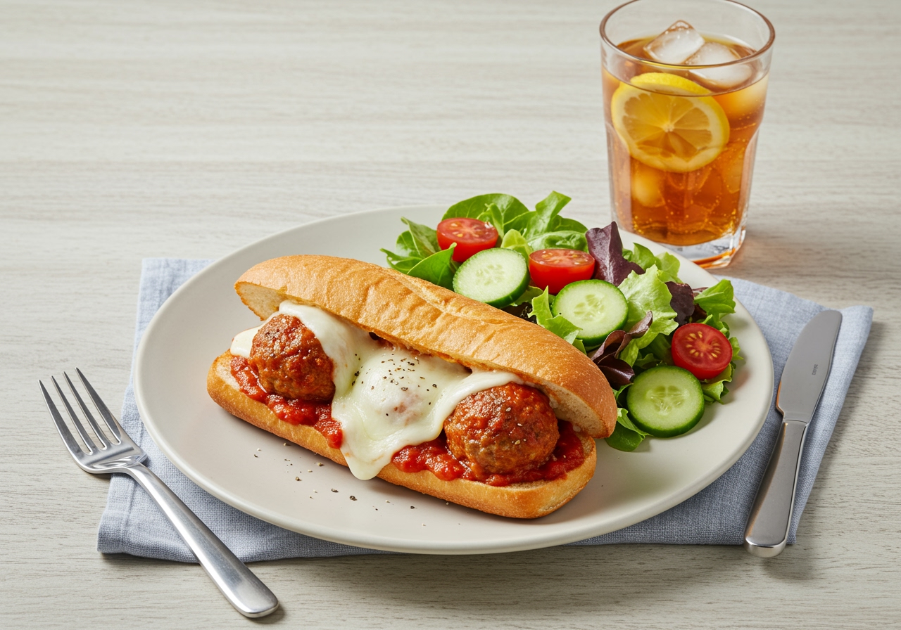 A final image showing a complete easy meatball sandwich meal setting, perhaps with a side salad and a drink, looking appealing and satisfying.