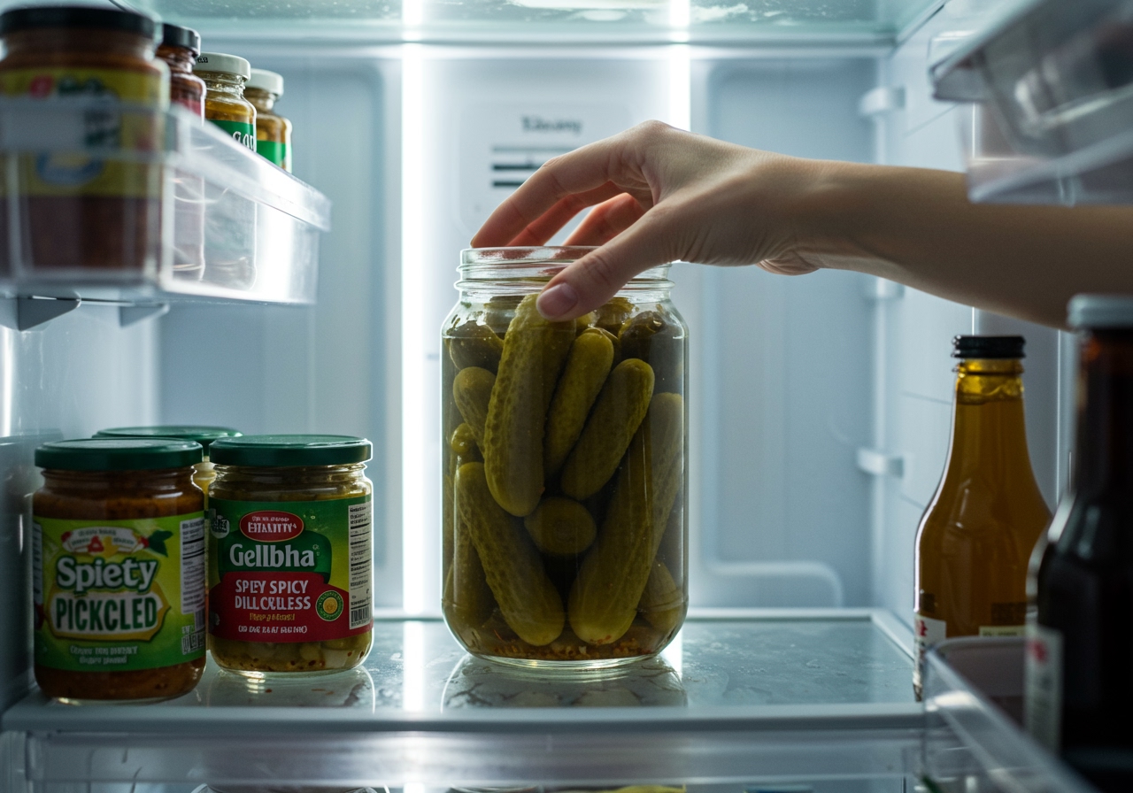 A final image showing a hand reaching into an open jar of healthy spicy dill pickles in a refrigerator door, emphasizing the ease of access and storage.