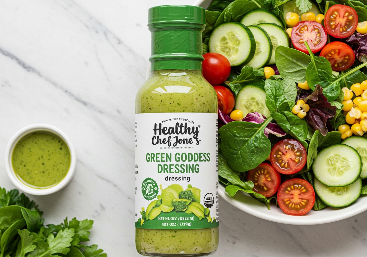 A final image showing the bottle or jar of Healthy Chef Jones's Green Goddess Dressing placed next to a vibrant salad or dish, emphasizing the product.