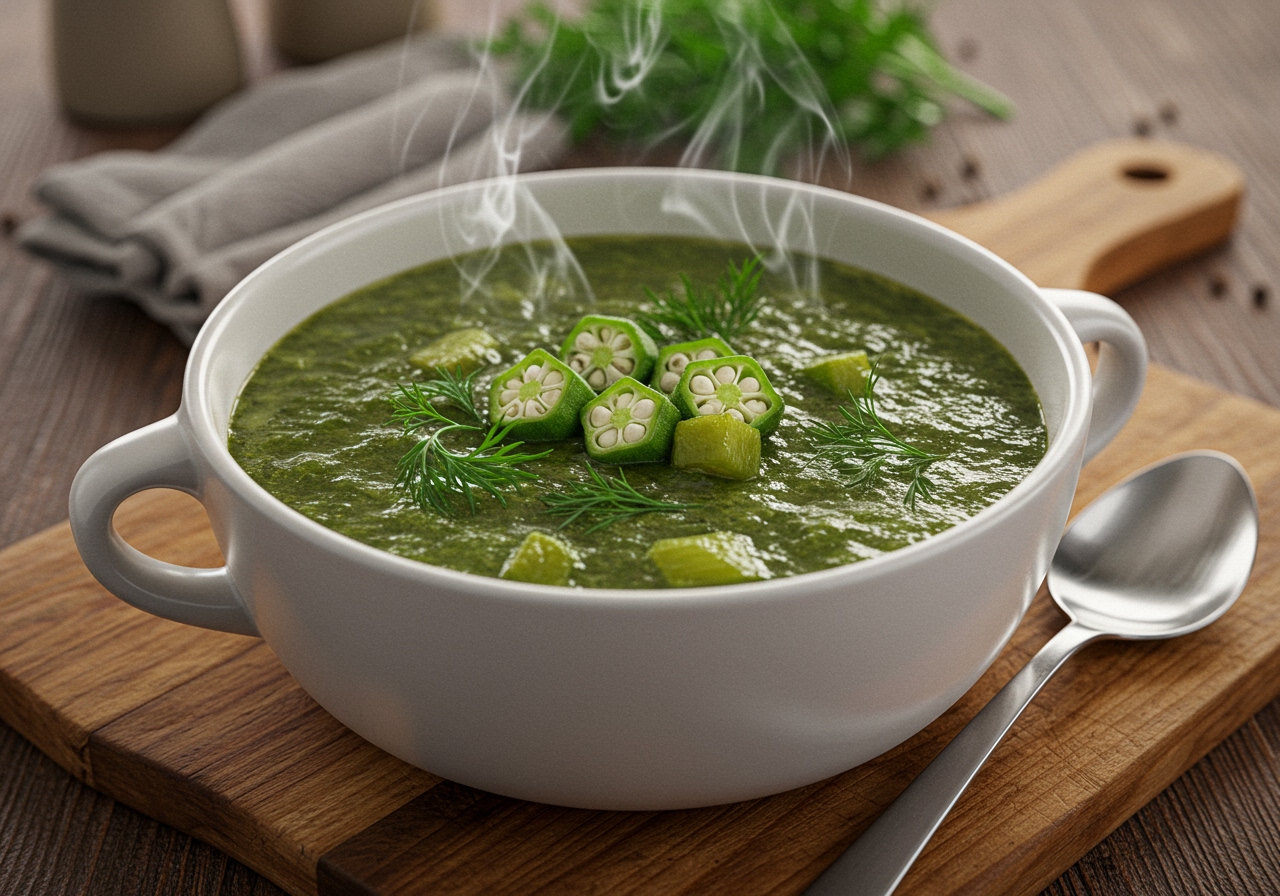 A final inviting image of the finished okra soup, perhaps with steam rising gently, emphasizing its warmth and healthiness.