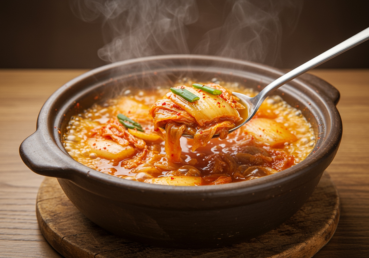 A final inviting shot of the bubbling Kimchi Jjigae in a pot on a table, steam gently rising, with a serving spoon partially submerged, ready to be served.