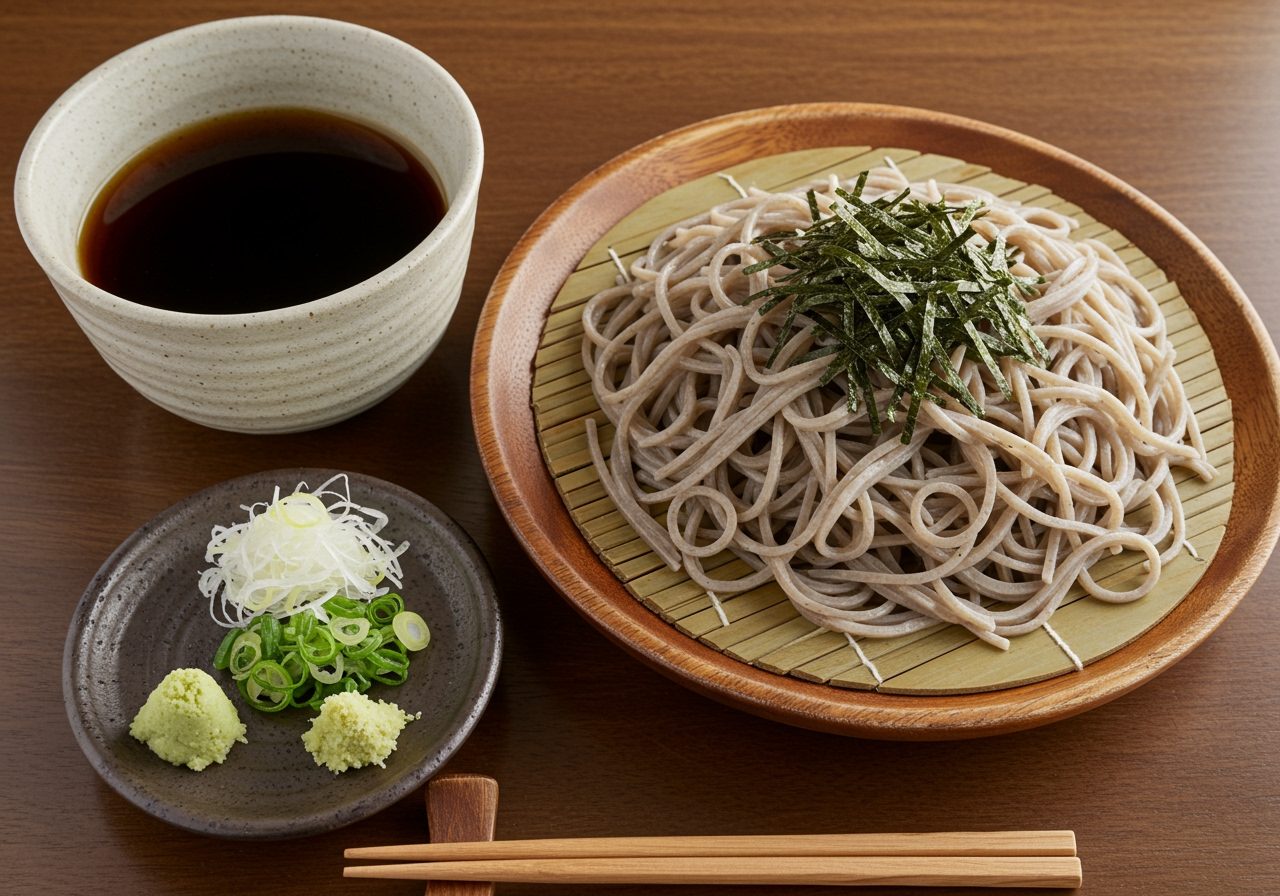 A final overhead shot of a beautifully plated zaru soba meal, showing the soba, tsuyu, and a variety of colorful condiments, looking fresh and inviting.