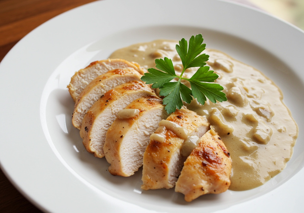 A final overhead shot of the Easy Chicken Marsala served on a plate, garnished with fresh parsley.