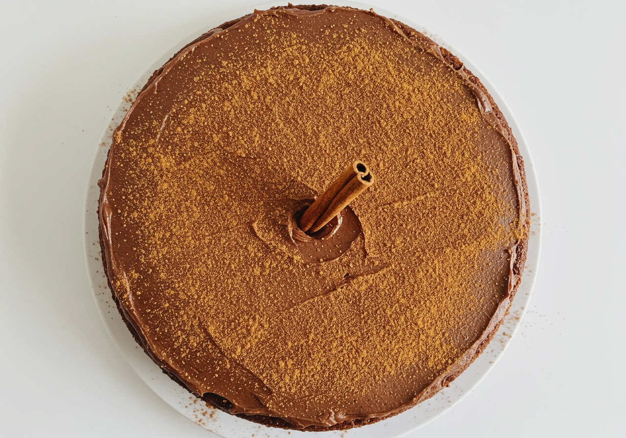 A final overhead shot of the whole cold cake (before cutting), dusted with cinnamon and perhaps decorated with a cinnamon stick.