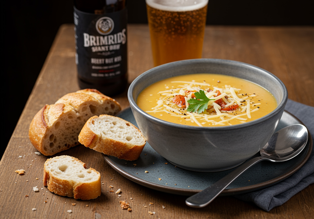 A final shot of a beautifully presented bowl of beer cheese soup, with a side of crusty bread for dipping and a bottle of craft beer in the background, conveying warmth and comfort.