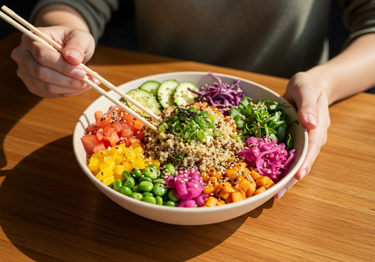 A final shot of a beautifully presented Buddha bowl on a wooden table, perhaps with hands reaching for chopsticks or a fork, emphasizing the act of eating and enjoyment.