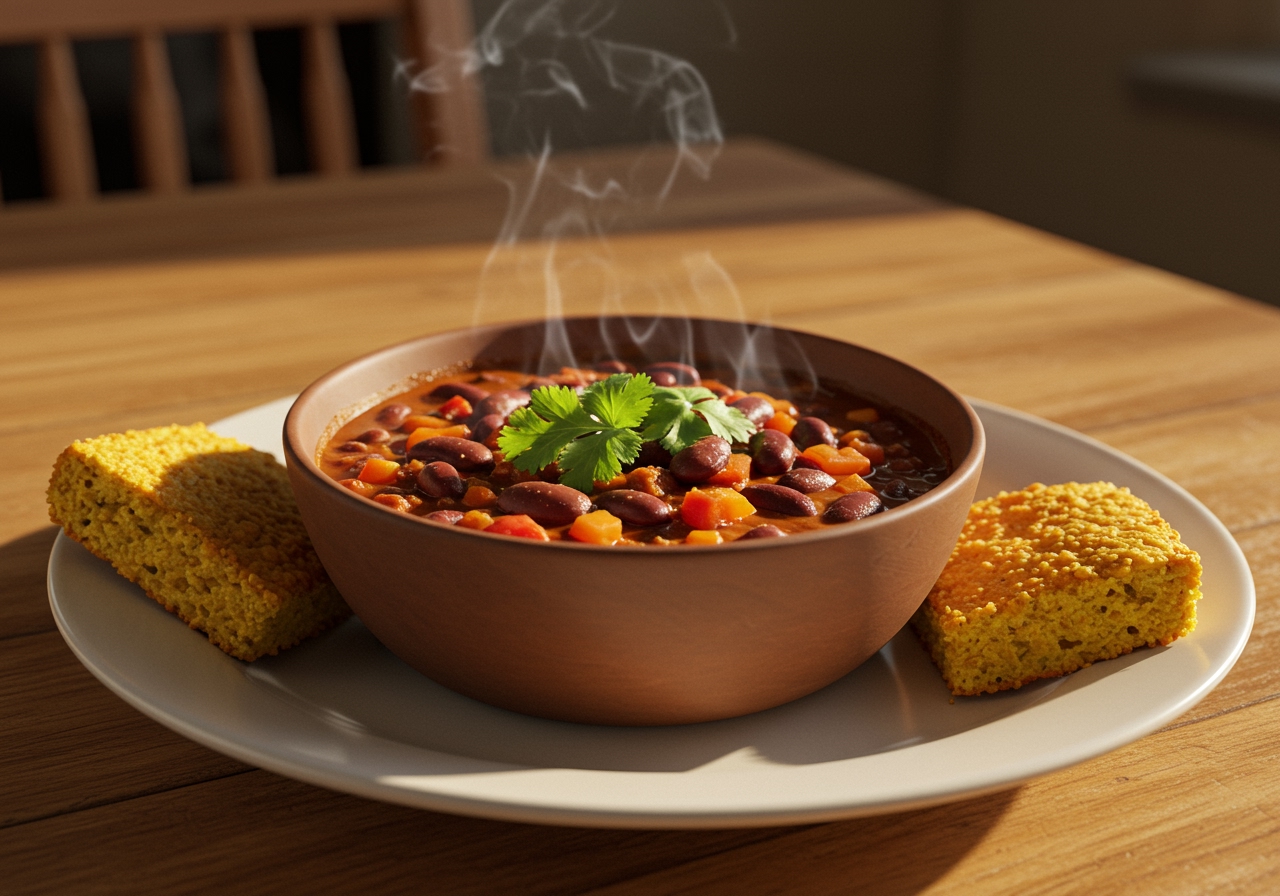 A final shot of a cozy table setting with a bowl of hot three-bean chili, perhaps with a side of gluten-free bread, emphasizing comfort and health.