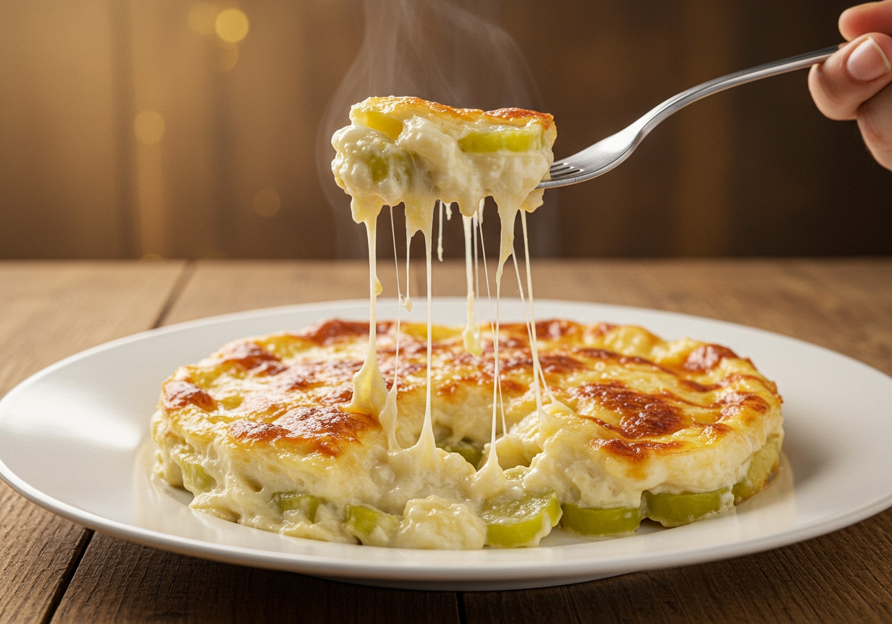 A final shot of a serving of easy cheesy gratin on a plate, with a fork scooping up a portion, showing the creamy interior and melted cheese.