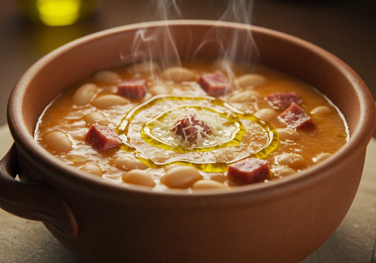 A final shot of the hearty bean and ham soup in a bowl, perhaps with a swirl of olive oil or a sprinkle of cheese, looking inviting.