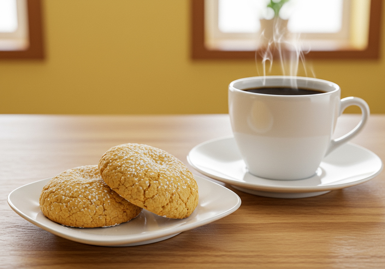 A Finikia cookie placed on a small white plate next to a cup of coffee, with a cozy blurred background