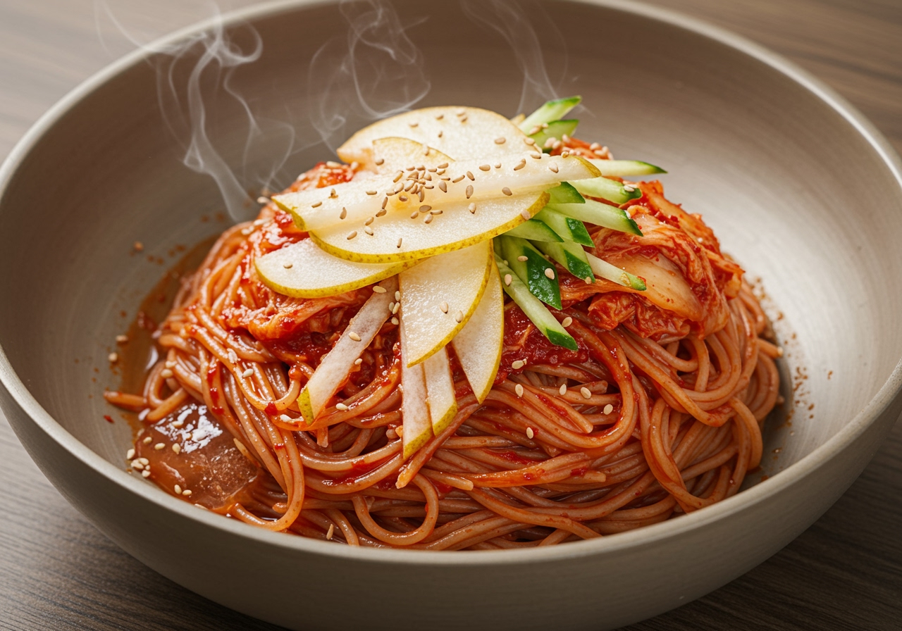 A finished bowl of mixed Bibim Naengmyeon, showing the red-coated noodles and various toppings fully integrated, ready to be eaten. Steam (from the coldness) might be subtly visible.