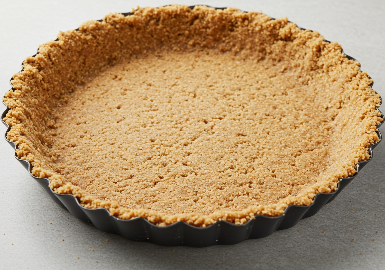 A finished gluten-free cookie crumb crust pressed into a pie pan, ready for filling.