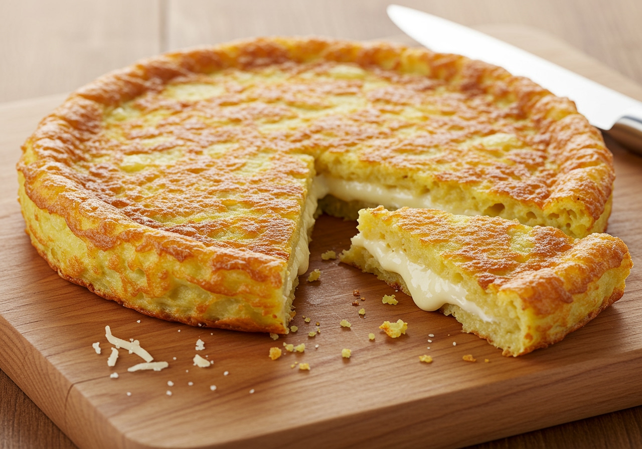 A finished, golden-brown cheese rösti on a cutting board, ready to be sliced.