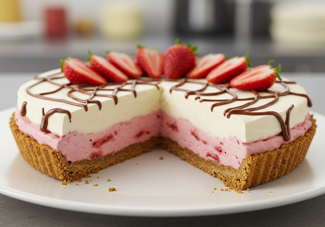 A finished ice cream pie, sliced to show the layers of crust and ice cream, sitting on a serving plate.