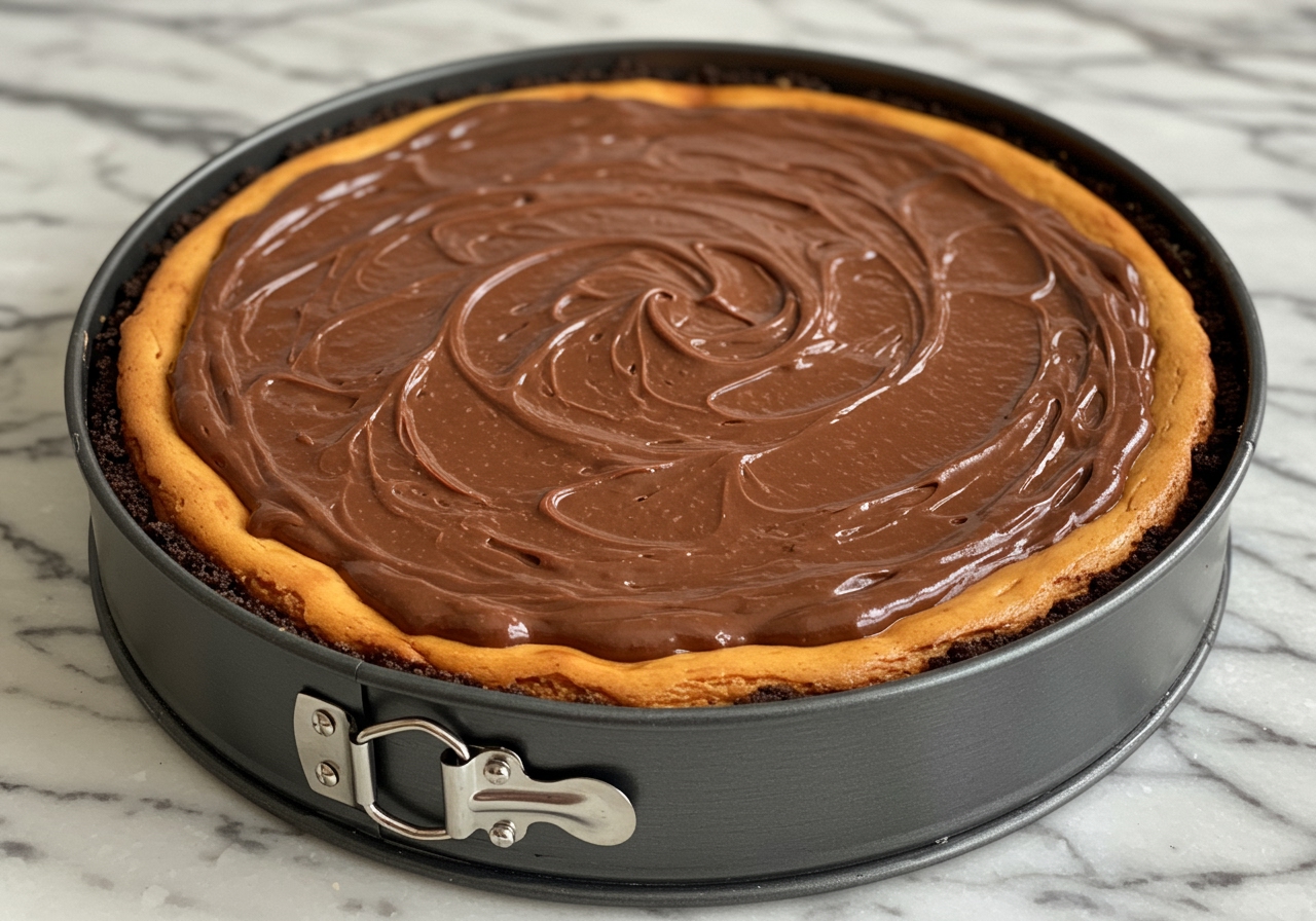 A finished no-bake double chocolate cheesecake in a round springform pan, ready for chilling in the refrigerator.