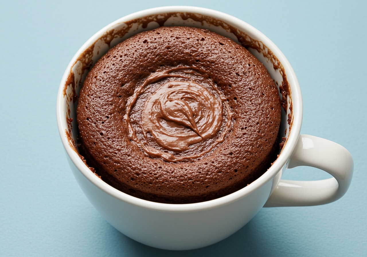 A finished Nutella mug cake, freshly microwaved and slightly risen in the mug.