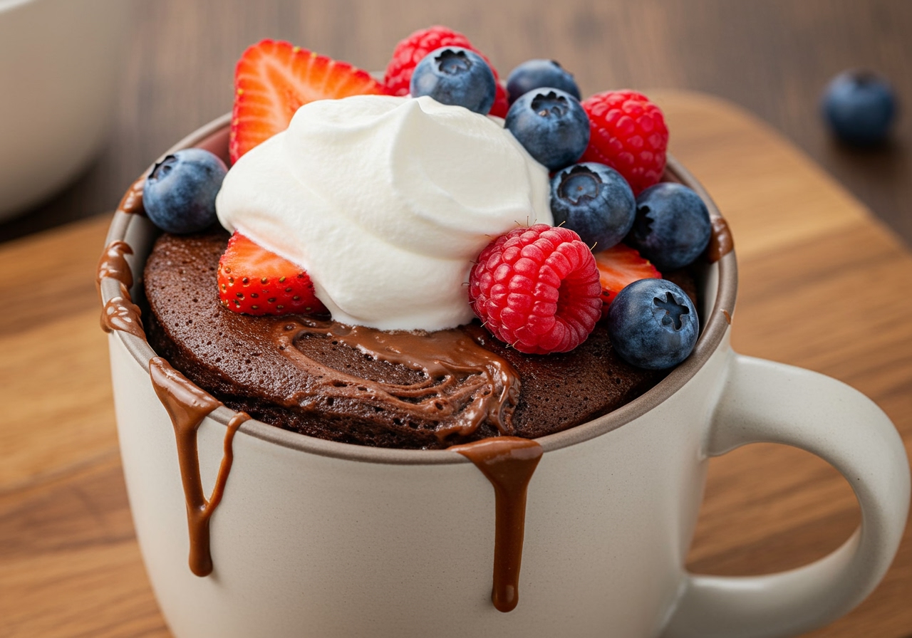 A finished Nutella mug cake topped with whipped cream and fresh berries.