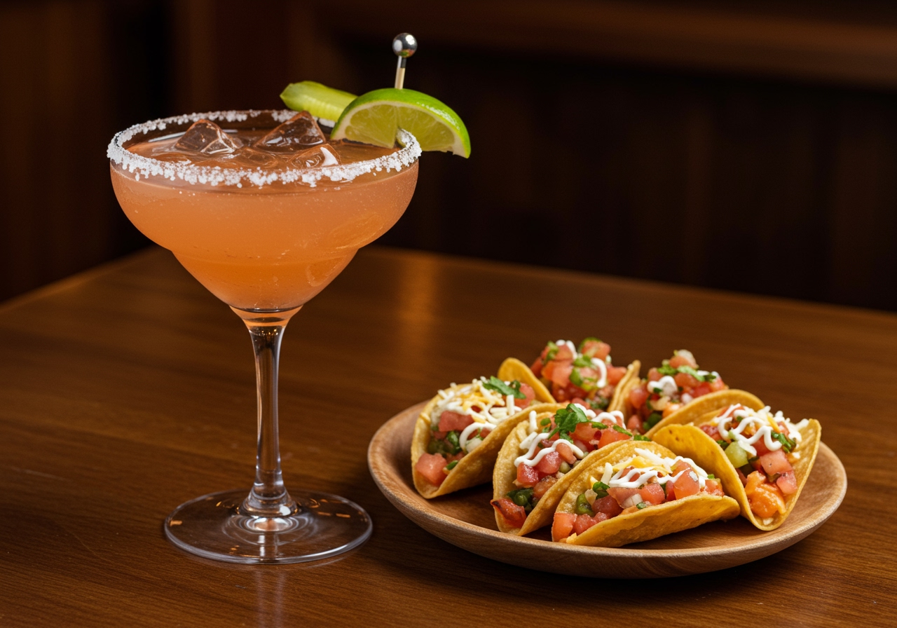 A finished Pickle Margarita in a salt-rimmed glass, next to a small plate of colorful mini-tacos, suggesting a perfect food pairing.