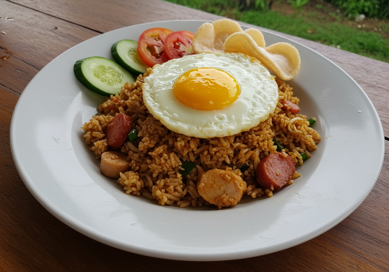 A finished plate of Nasi Goreng with a fried egg on top, garnished with cucumber and tomato slices.