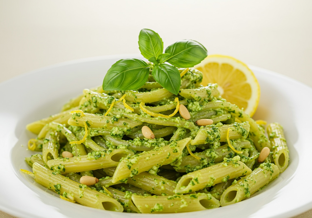 A finished plate of pasta coated in the vibrant green lemon pesto, garnished with a sprig of basil and a lemon wedge.