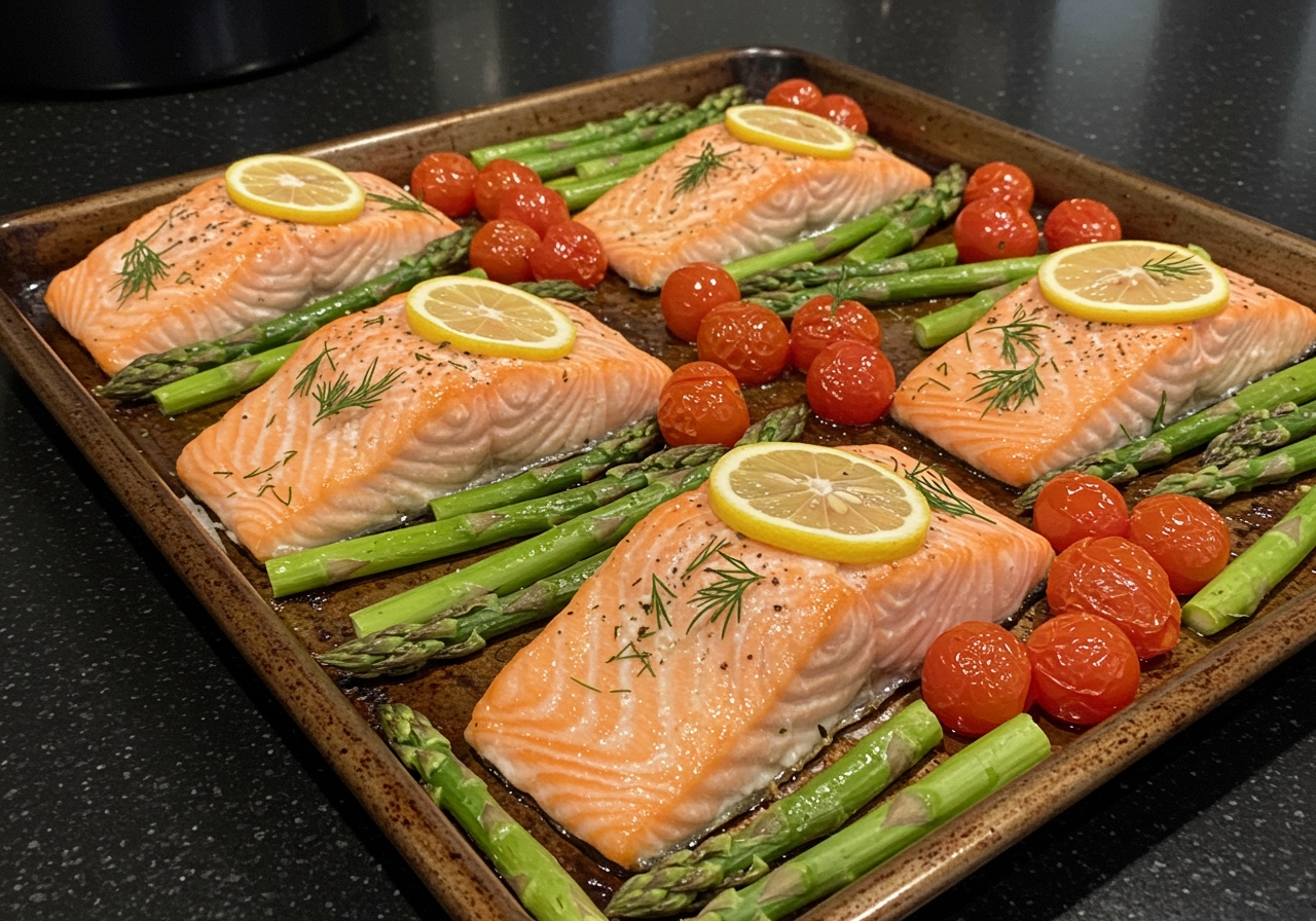 A finished sheet pan with roasted salmon fillets, asparagus spears, and cherry tomatoes, garnished with lemon slices and fresh dill.