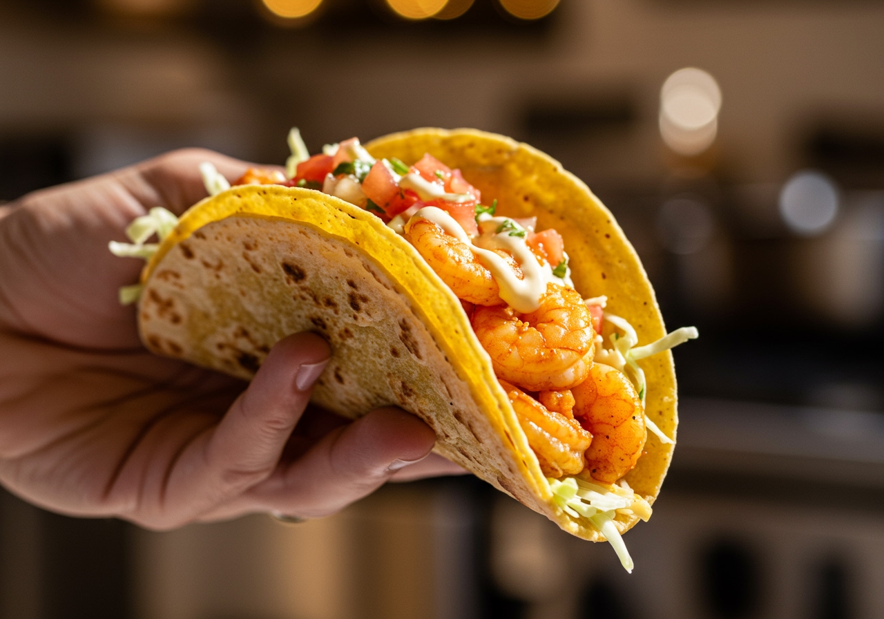 A finished shrimp taco held in a hand, showing the vibrant fillings spilling slightly