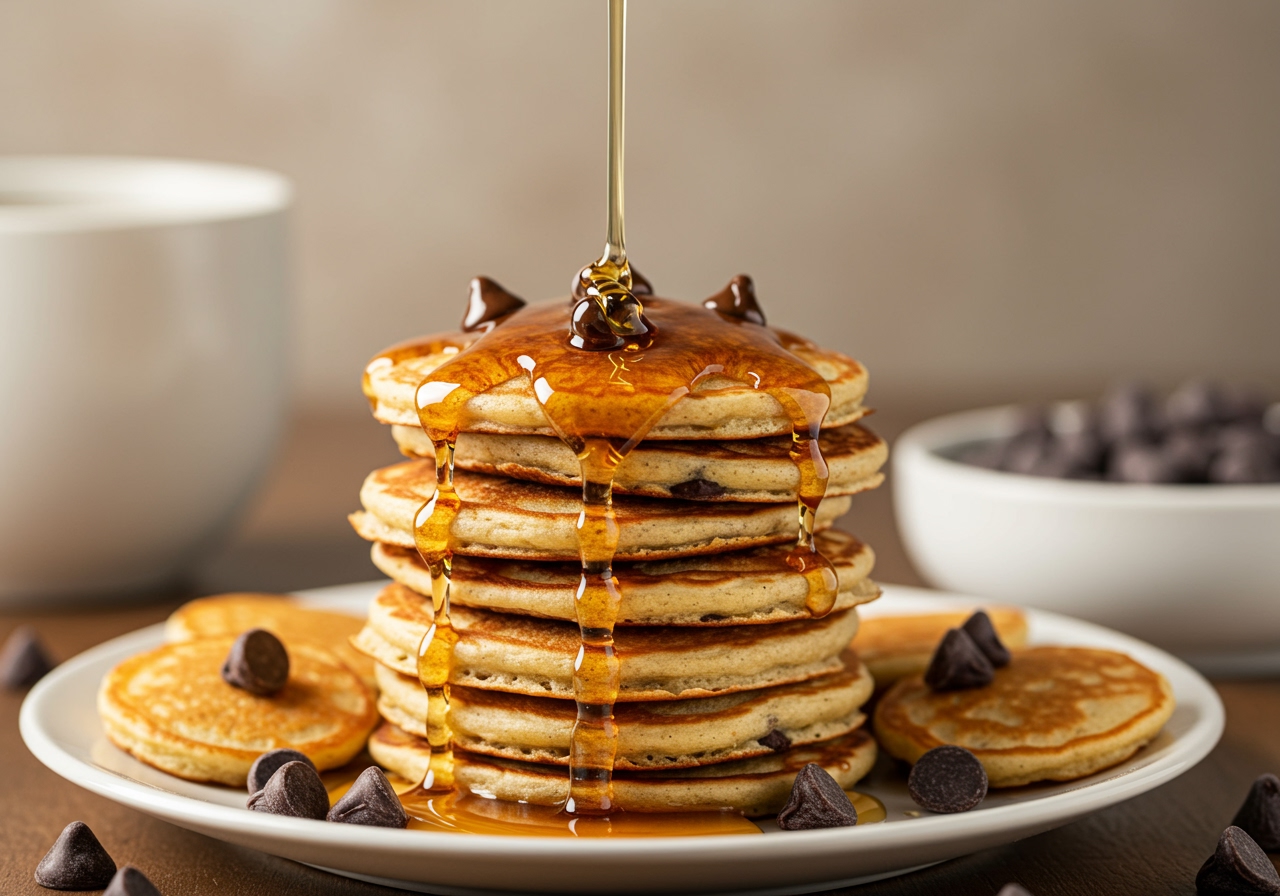 A finished stack of mini chocolate chip pancakes on a plate, with maple syrup being poured over them and a few extra chocolate chips sprinkled around