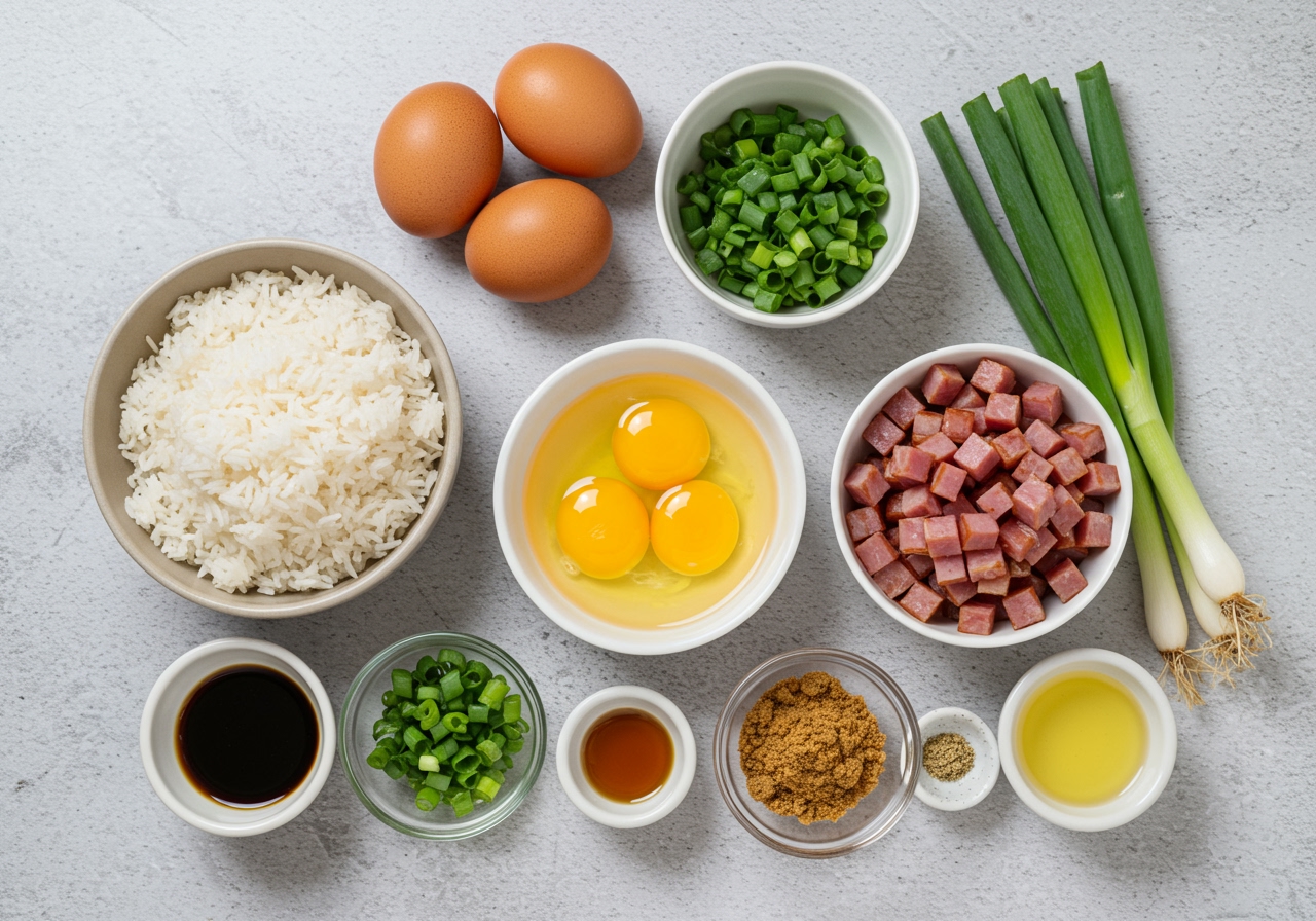 A flat lay image of all the ingredients for fried rice: cold cooked rice, eggs, chopped green onions, diced char siu (or ham), cooking oil, and small bowls of mixed seasonings like soy sauce, oyster sauce, and chicken bouillon.
