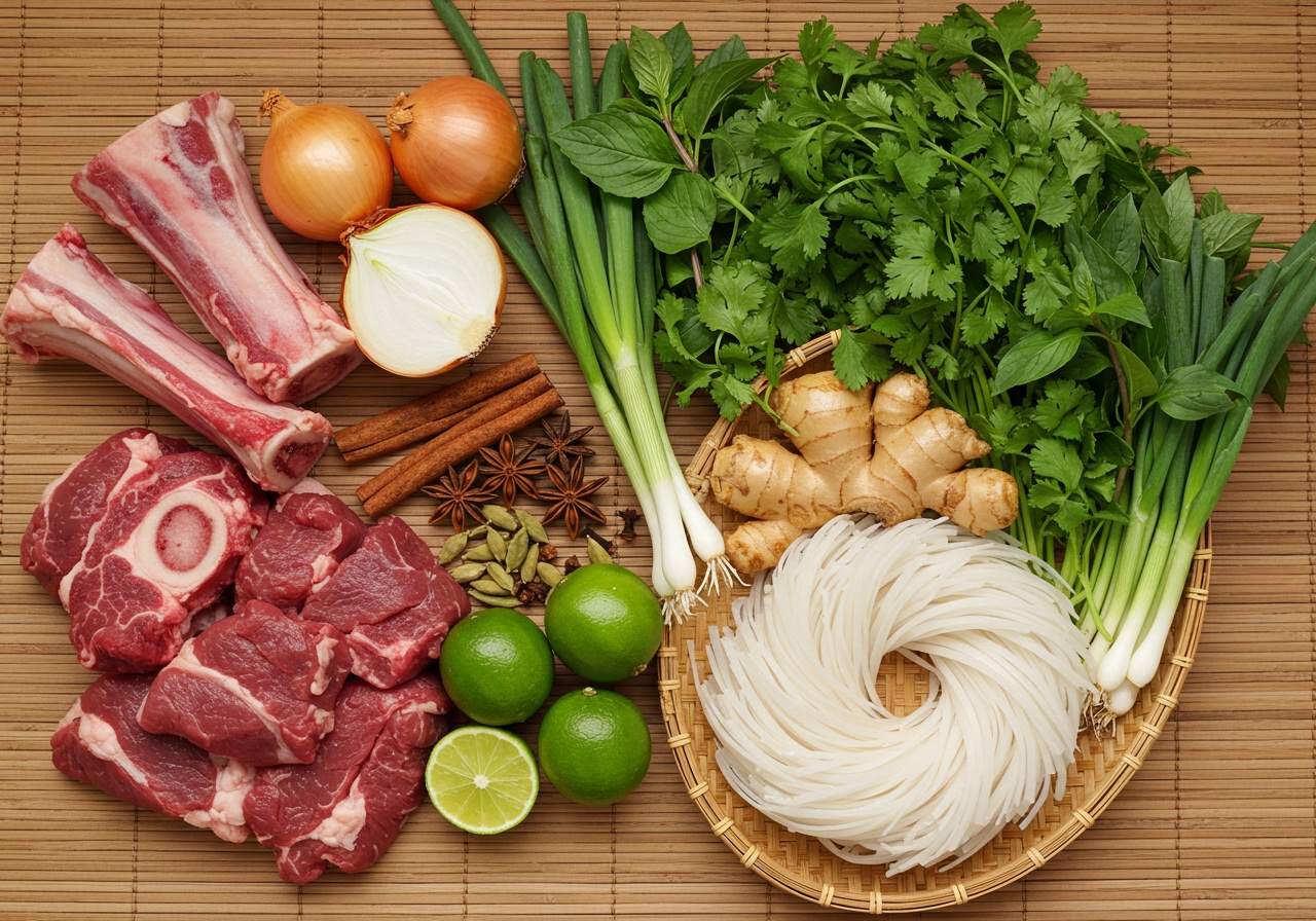 A flat lay image showing all the main ingredients for making Vietnamese Beef Pho, including beef bones, beef meat, spices, ginger, onion, rice noodles, fresh herbs, and lime.