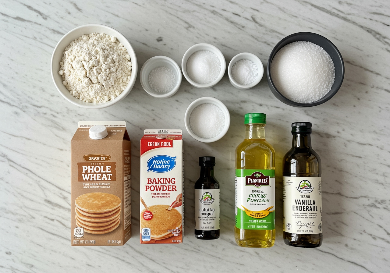 A flat lay image showing all the simple ingredients for vegan whole wheat pancakes laid out neatly on a kitchen counter: whole wheat flour, baking powder, sugar, salt, a carton of plant milk, a bottle of oil, and a bottle of vanilla extract.