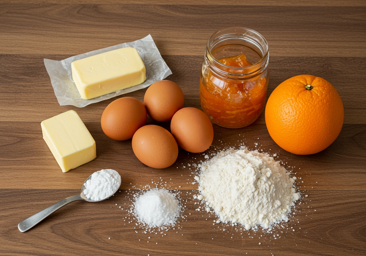 A flat lay image showing the key ingredients for an orange marmalade cake: butter, sugar, eggs, flour, baking powder, a jar of orange marmalade, and a fresh orange.