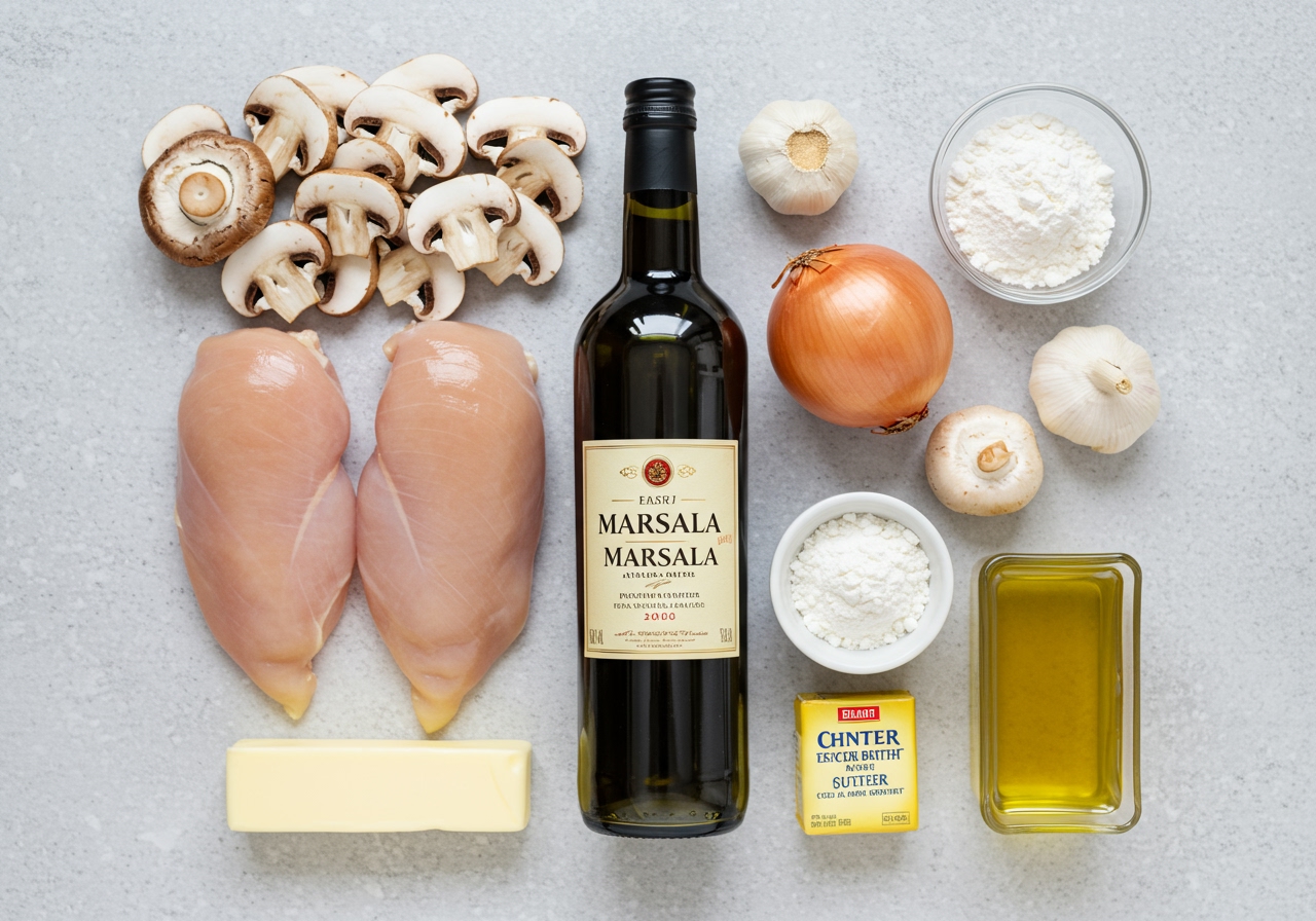 A flat lay image showing the key ingredients for easy chicken marsala: chicken breasts, sliced mushrooms, onion, garlic, a bottle of Marsala wine, chicken broth, flour, butter, and olive oil.
