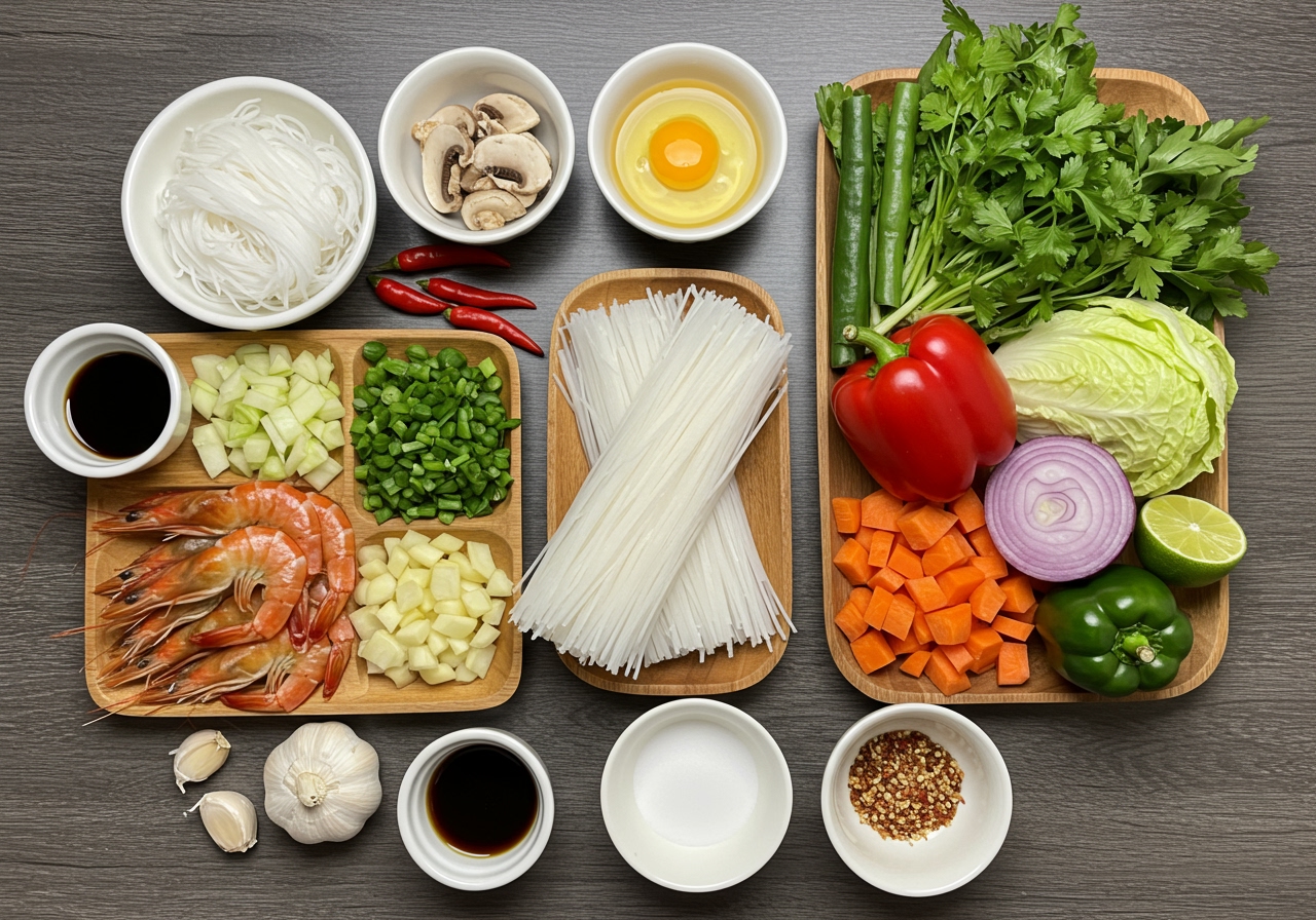 A flat lay image showing the key ingredients for 海老と春雨のタイ風炒め: raw shrimp, dry vermicelli, chopped vegetables (onion, bell pepper, carrot, mushroom), eggs, garlic, chili, and small bowls of sauce ingredients (fish sauce, sugar, lime juice, soy sauce, oyster sauce).