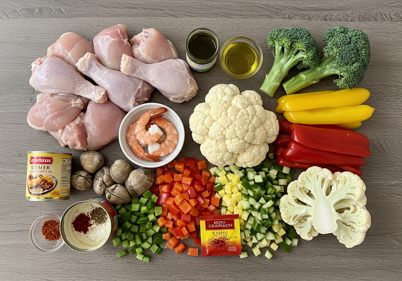 A flat lay image showing the main ingredients for keto cauliflower paella: chicken pieces, shrimp, clams, colorful chopped vegetables, a head of cauliflower, a can of tomatoes, olive oil, and spices including a small packet of saffron.