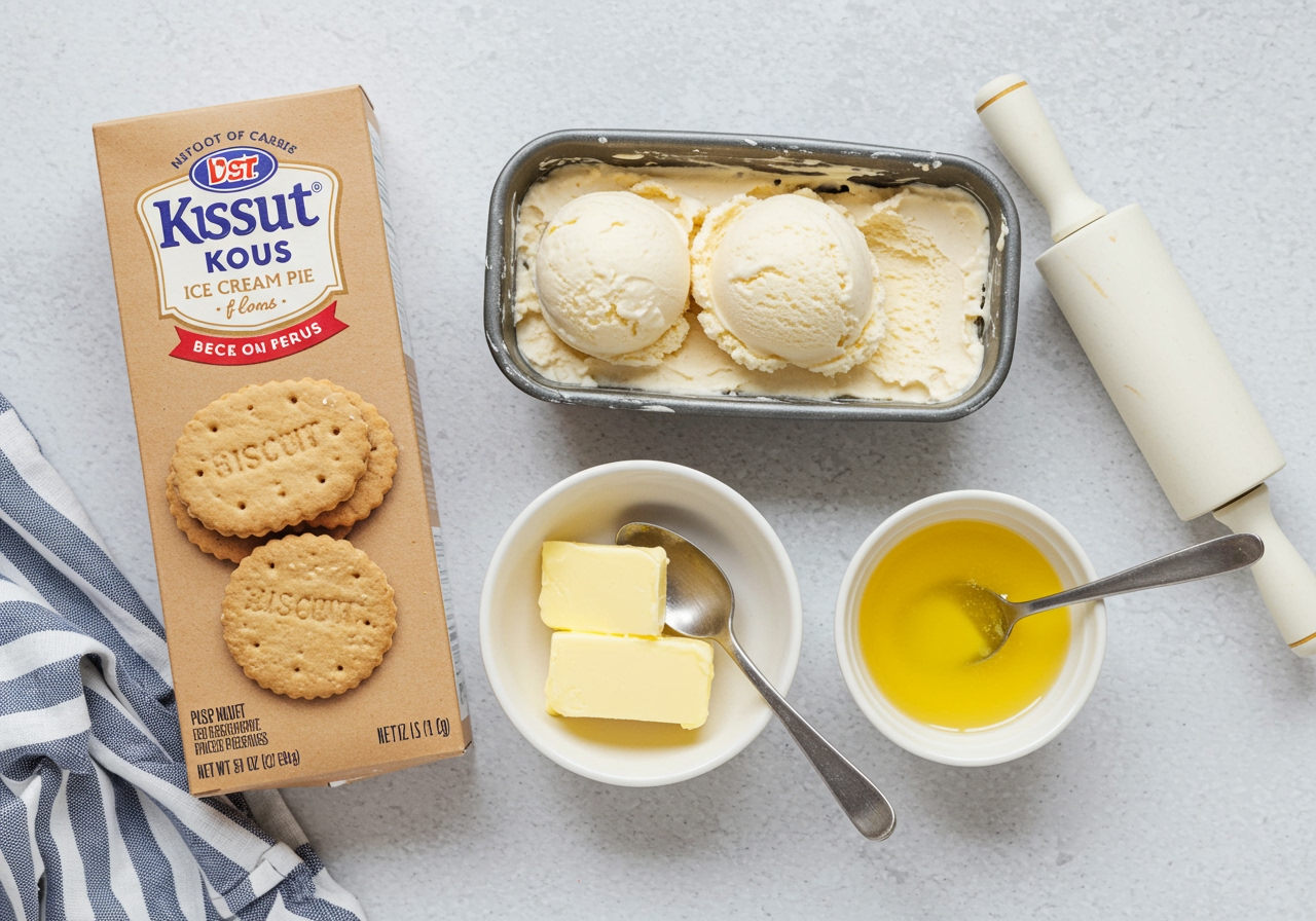 A flat lay image showing the three simple ingredients for ice cream pie: a box of biscuits, a tub of softened ice cream, and a small bowl of melted butter. Ingredients are arranged neatly with some kitchen tools like a rolling pin or spoon.
