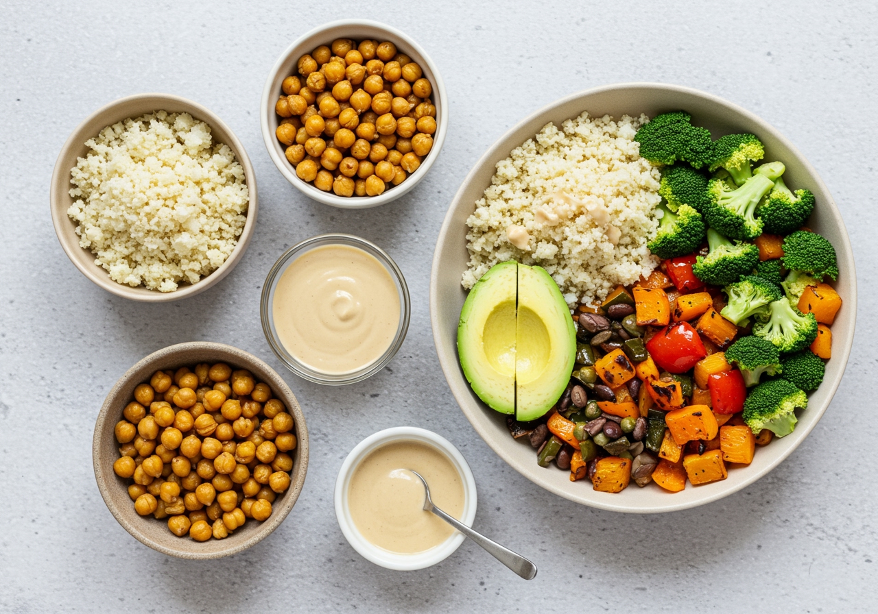 A flat lay image showing the various prepped components for a Buddha bowl with cauliflower rice: a bowl of fluffy cauliflower rice, cooked chickpeas, sliced avocado, colorful roasted vegetables, and a small bowl of creamy tahini dressing.