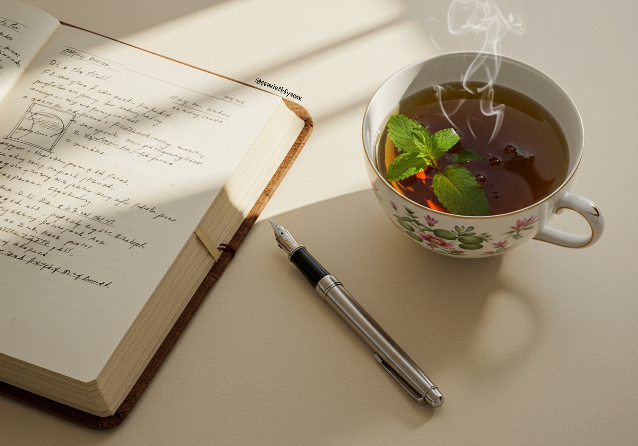 A flat lay of a journal, pen, and a cup of mint tea, suggesting a moment of reflection or planning