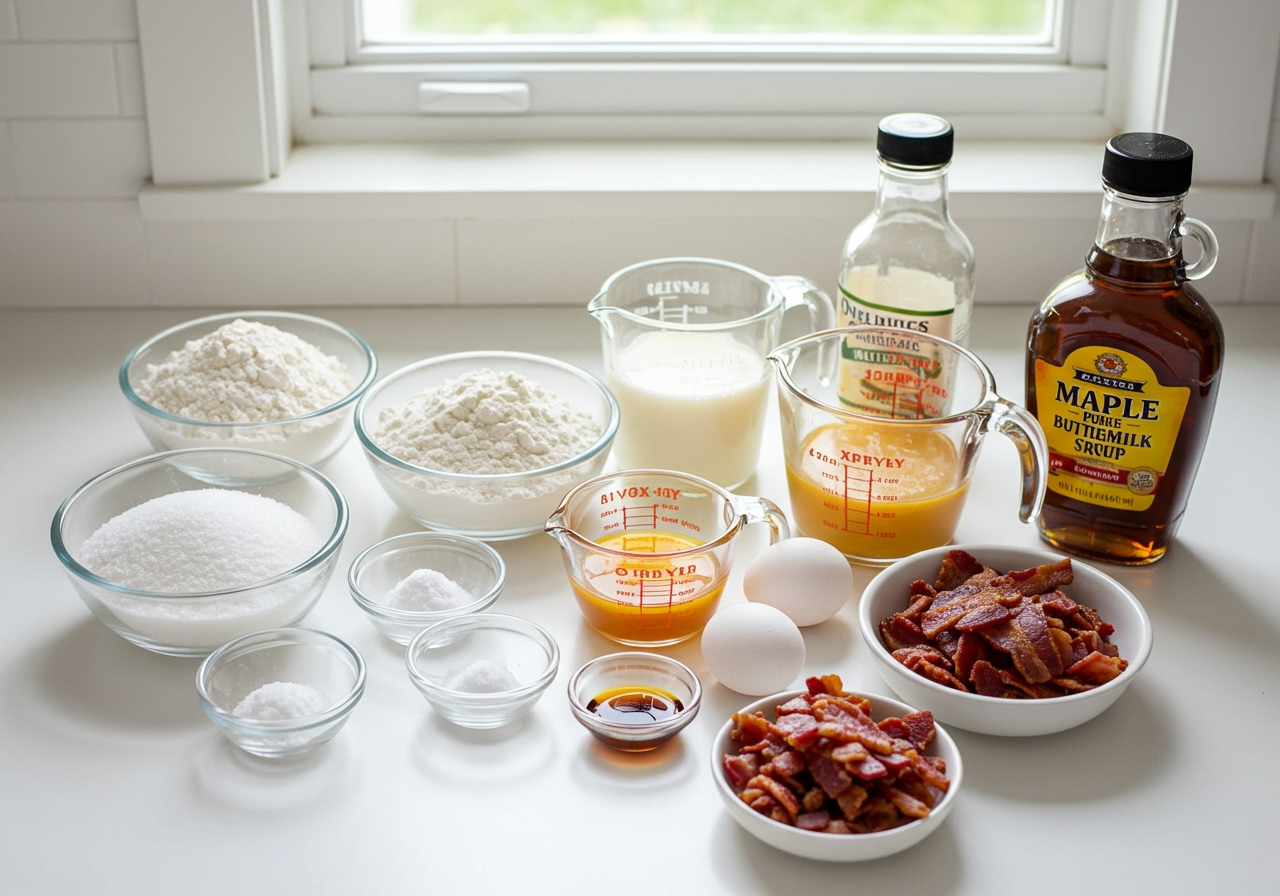 A flat lay of all the dry and wet ingredients for maple bacon buttermilk cupcakes neatly arranged on a kitchen counter.