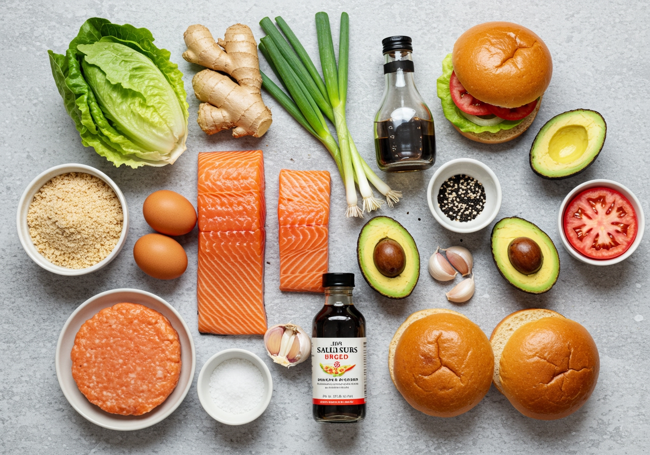 A flat lay of all the fresh ingredients for Asian salmon burgers: vibrant pink salmon fillets, fresh ginger, garlic, green onions, shiny eggs, breadcrumbs, bottles of soy sauce and sesame oil, and various burger toppings like crisp lettuce, ripe tomatoes, creamy avocado, and rustic burger buns.