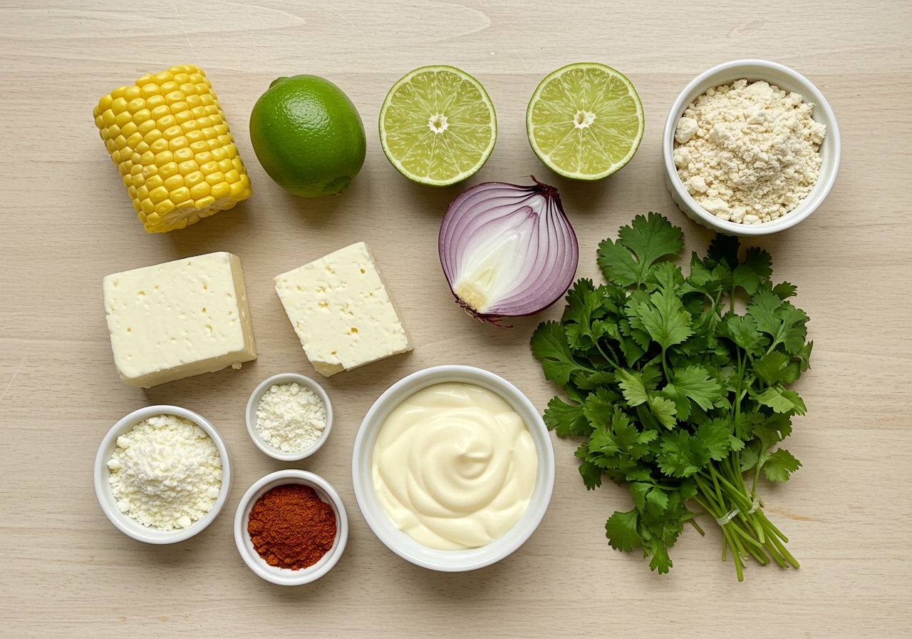 A flat lay of all the fresh ingredients for Mexican street corn fritters and the creamy sauce, arranged beautifully on a light wooden background. Ingredients include corn kernels, fresh lime, cilantro, red onion, a block of cotija cheese, a bowl of light mayonnaise, chili powder, and the dry ingredients. The overall composition is clean and inviting.