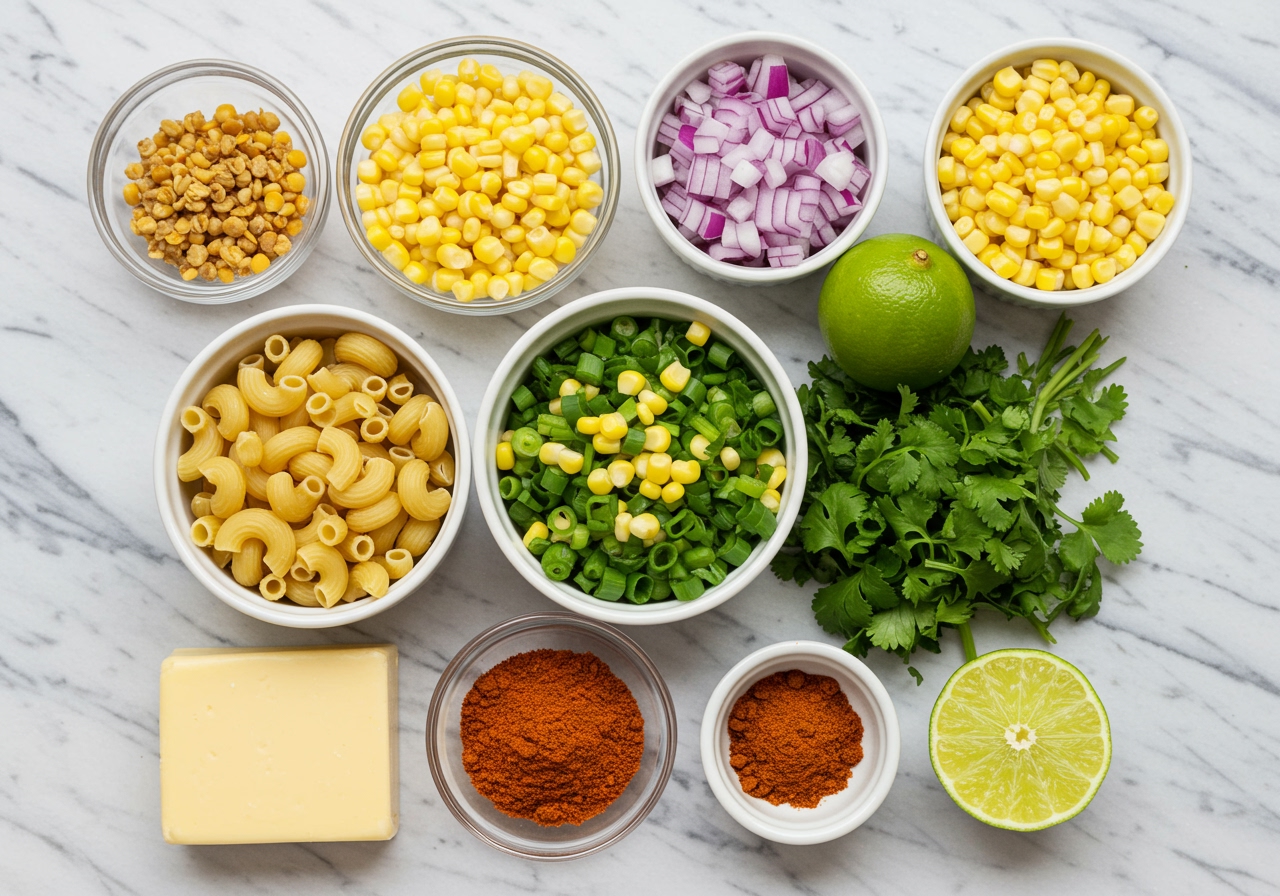 A flat lay of all the fresh ingredients for street corn pasta salad, including uncooked short pasta, vibrant corn kernels, chopped cilantro, red onion, a lime, chili powder, and a block of cheese.