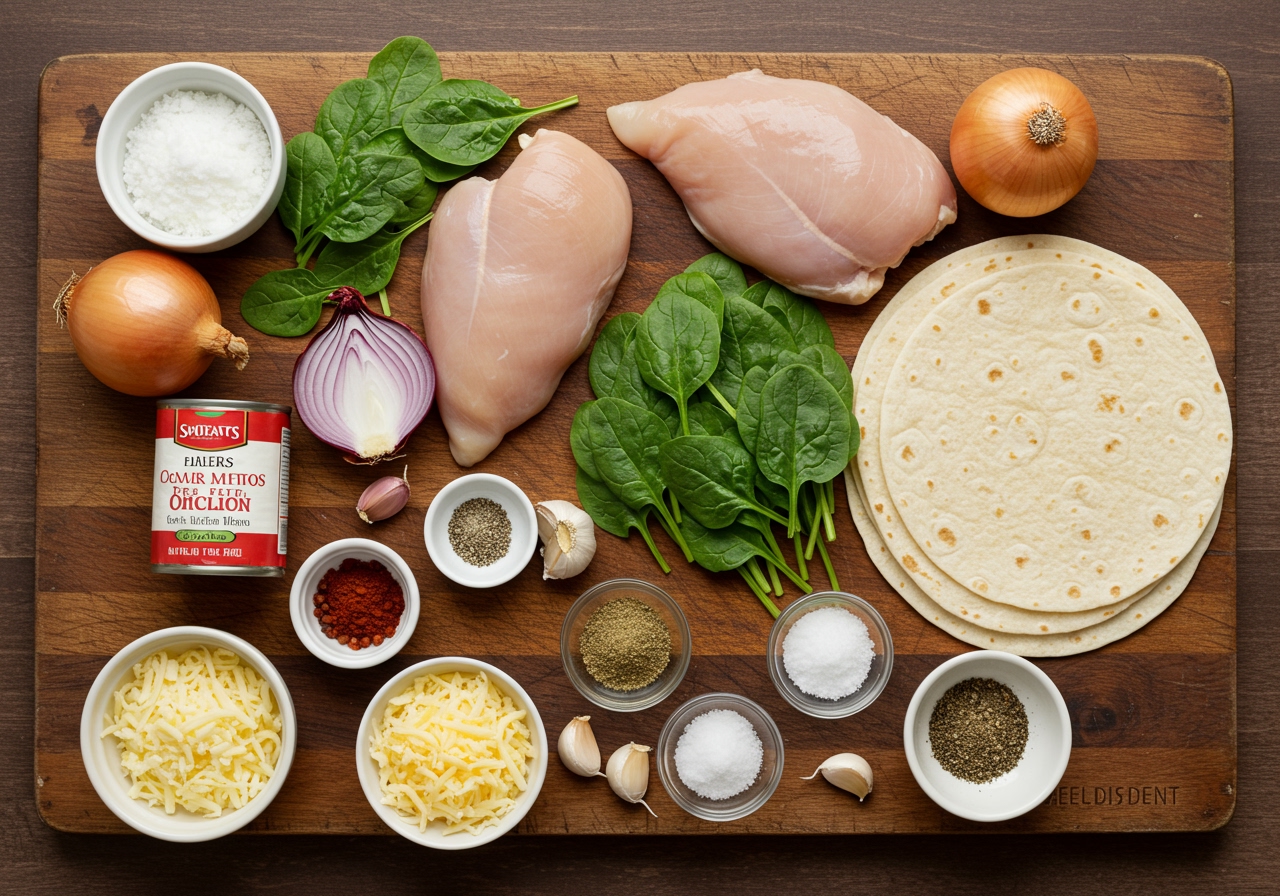 A flat lay of all the fresh ingredients needed for spinach and chicken enchiladas: raw chicken breasts, fresh spinach, onions, garlic, various spices, a can of tomatoes, tortillas, and shredded cheese, arranged beautifully on a rustic wooden board.