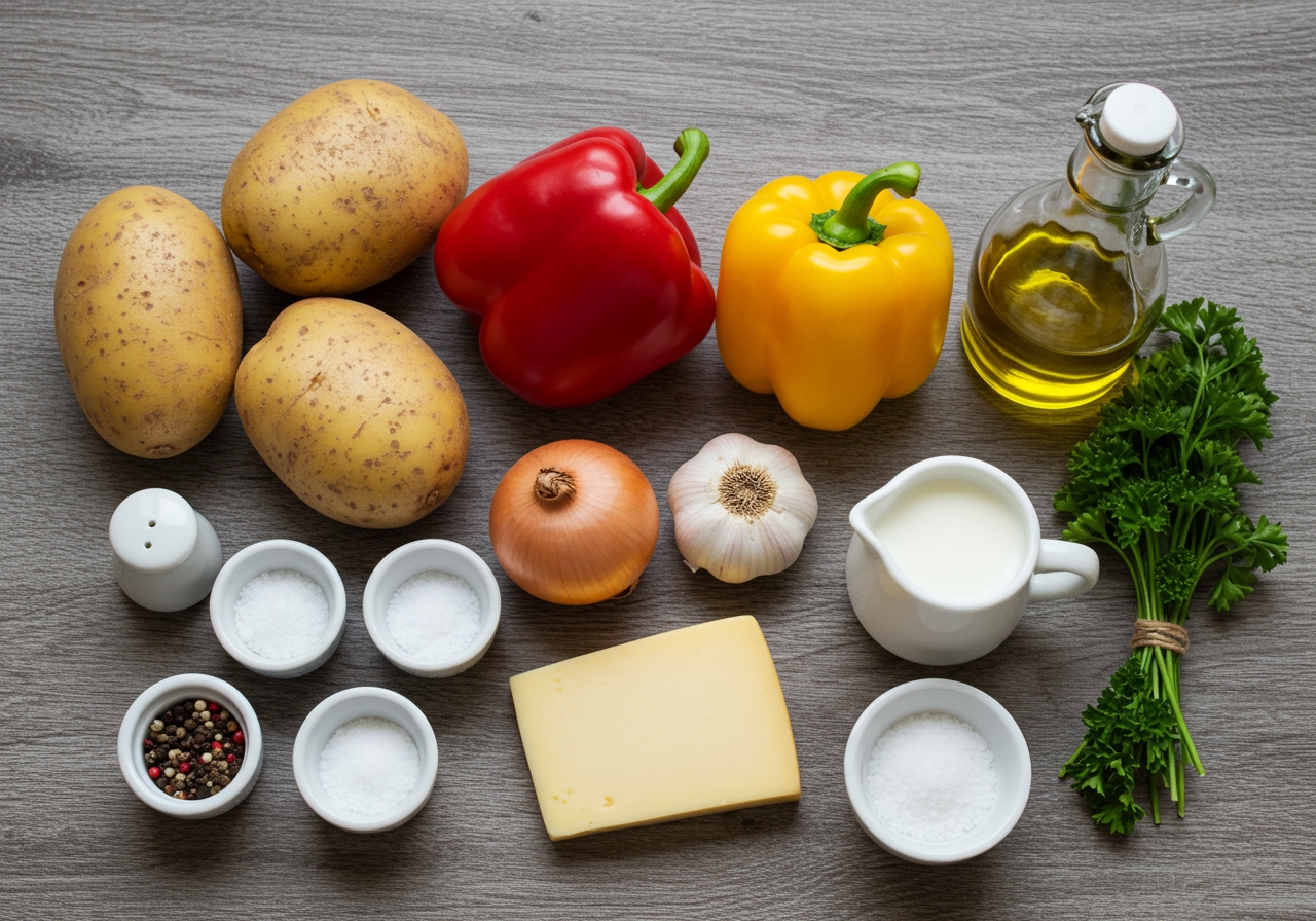 A flat lay of all the fresh ingredients needed for the recipe: two large potatoes, red and yellow bell peppers, an onion, garlic, a small jug of milk, a block of cheese, olive oil, salt, pepper, and dried parsley. Everything is neatly arranged on a rustic wooden table.