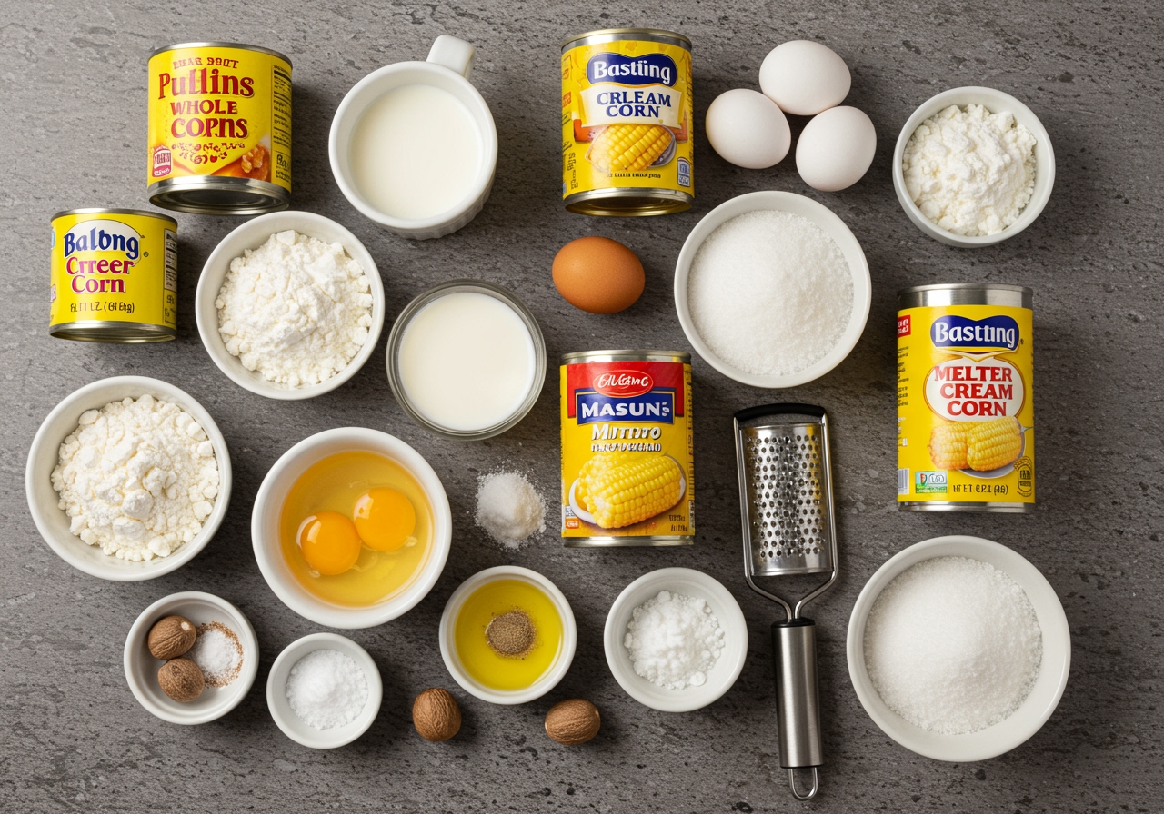 A flat lay of all the ingredients for corn pudding: canned whole kernel corn, canned cream corn, eggs, milk, melted butter, sugar, flour, baking powder, salt, and a grater with nutmeg, neatly arranged on a rustic kitchen counter.