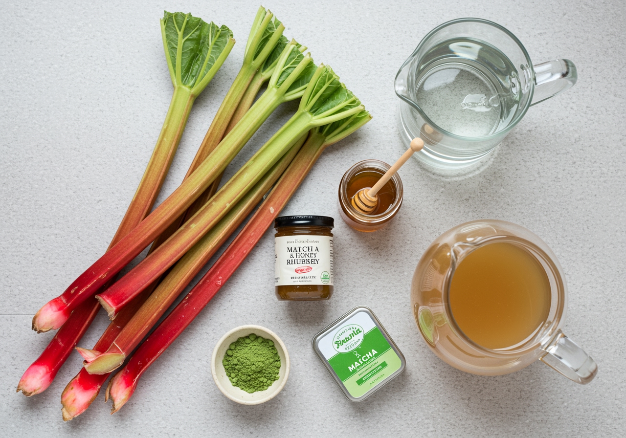 A flat lay of all the ingredients for matcha and honey rhubarb punch: fresh rhubarb stalks, a jar of honey, a tin of matcha powder, and a pitcher of water.