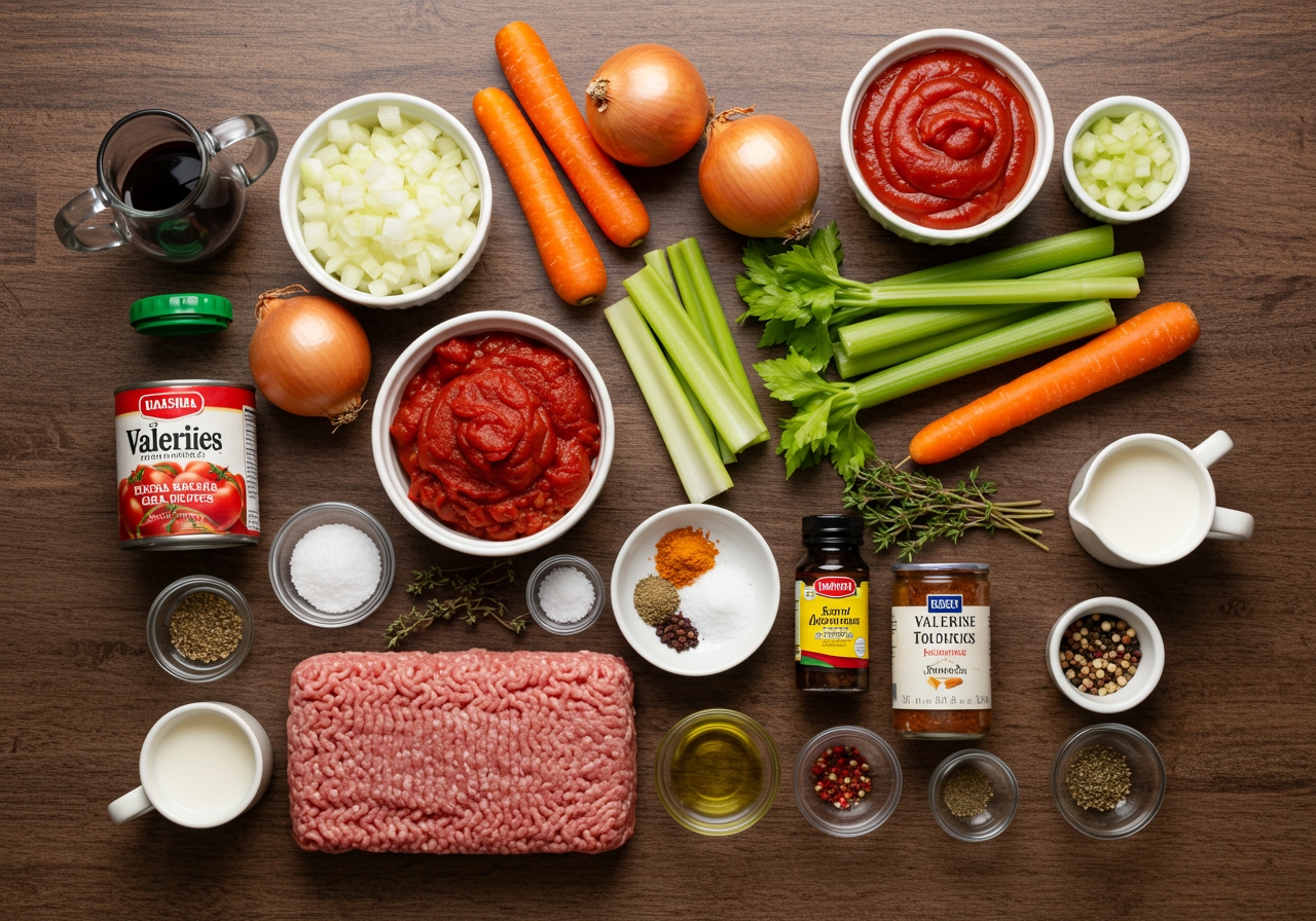 A flat lay of all the ingredients for Valerie-style Bolognese sauce, neatly arranged on a rustic wooden table: ground meat, chopped onions, carrots, celery, garlic, canned tomatoes, tomato paste, red wine, milk, herbs, and spices.