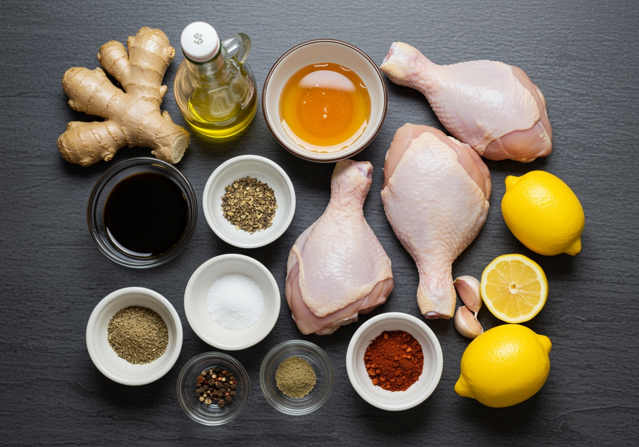 A flat lay of all the key ingredients for honey baked chicken: raw chicken pieces, a bowl of honey, fresh garlic cloves, ginger, a bottle of olive oil, soy sauce, various herbs and spices in small bowls, and a lemon.