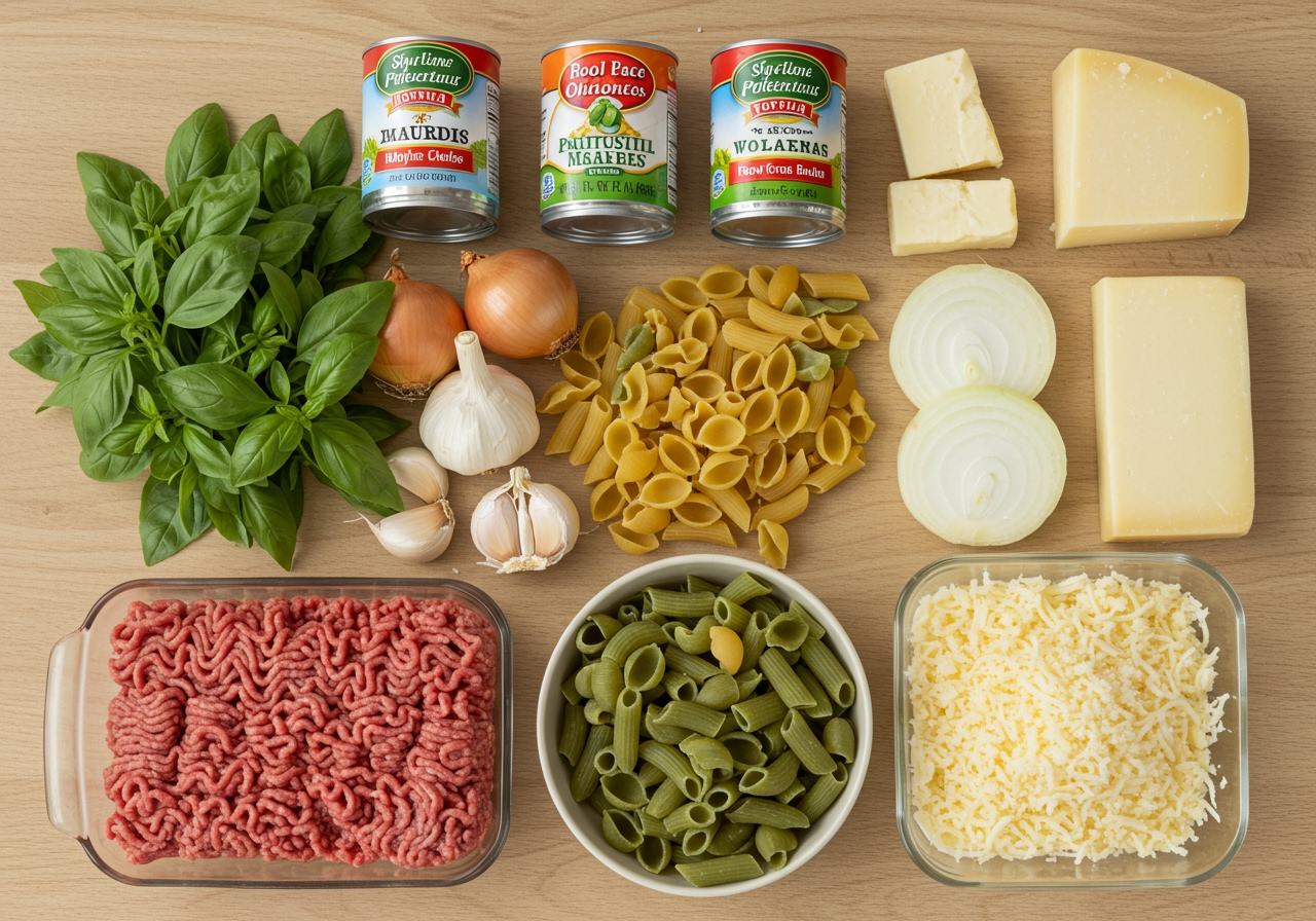 A flat lay of fresh ingredients for meatball pasta bake: ground meat, various short pasta, canned tomatoes, onions, garlic, fresh basil, and blocks of mozzarella and parmesan cheese.