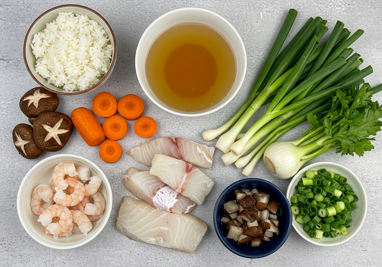 A flat lay of fresh ingredients for seafood zosui: cooked rice, pieces of white fish fillet, peeled shrimp, chopped carrots, chopped shiitake mushrooms, chopped green onions, and a bowl of dashi broth.